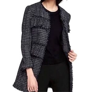 Ann Taylor Navy Tweed Ruffle Fringe Coat
